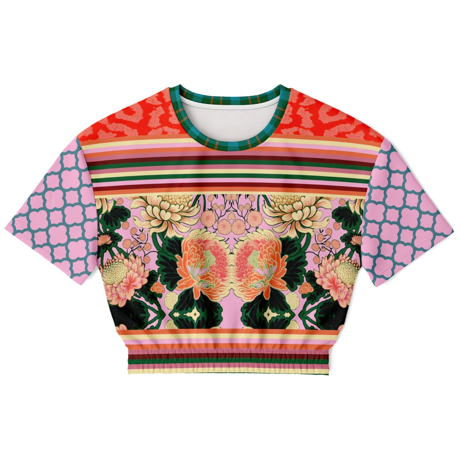 Pink Zen Blossom Chrysanthemum Asian Floral Eco-Poly Short Sleeve Cropped Pullover