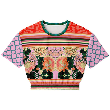 Pink Zen Blossom Chrysanthemum Asian Floral Eco-Poly Short Sleeve Cropped Pullover