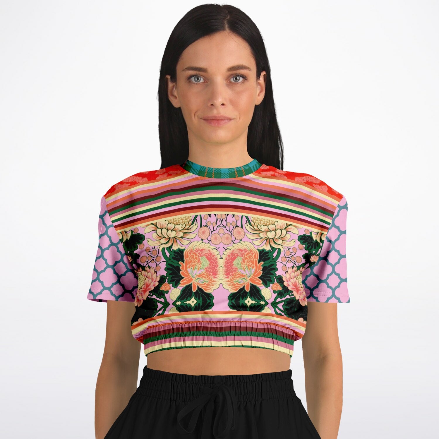 Pink Zen Blossom Chrysanthemum Asian Floral Eco-Poly Short Sleeve Cropped Pullover