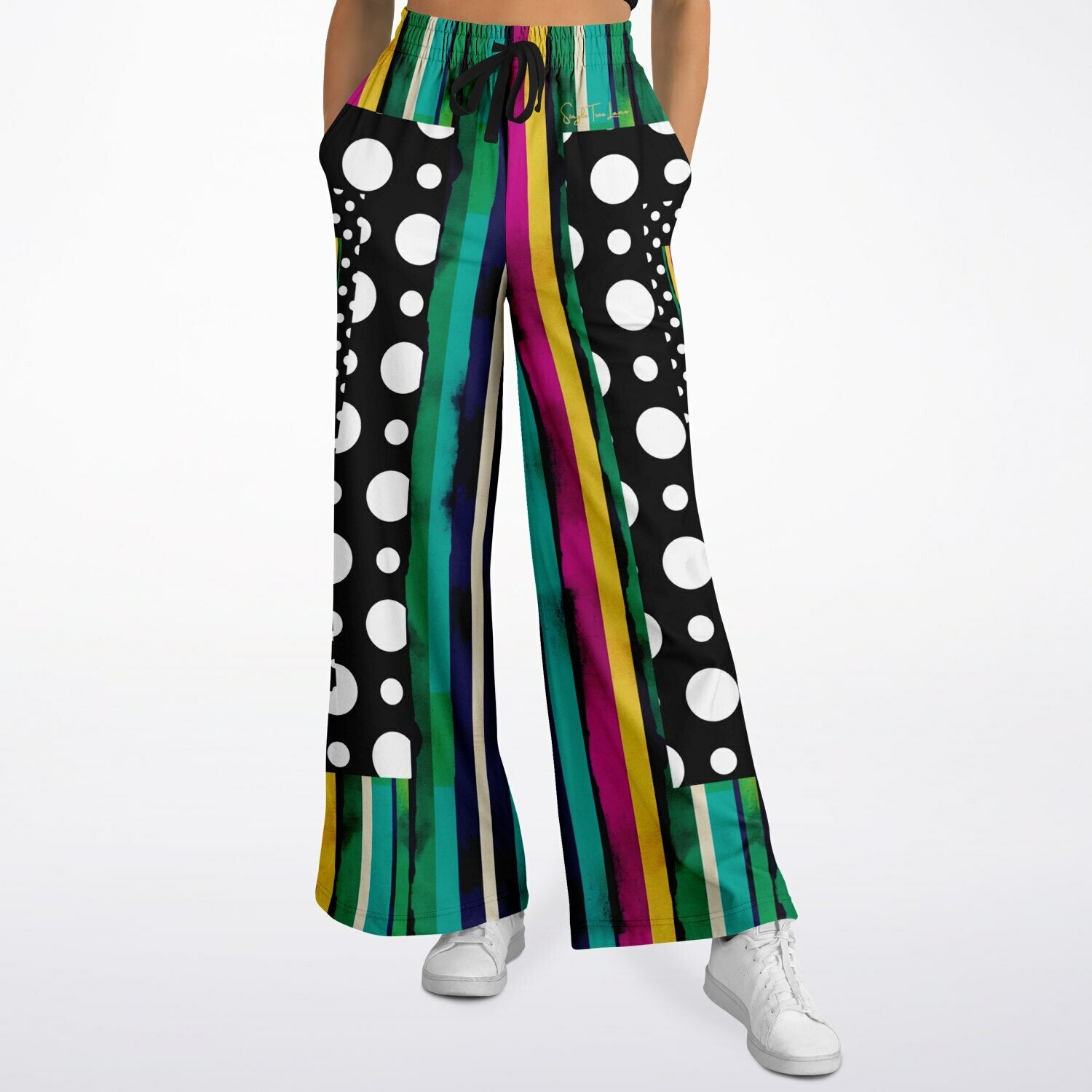 Pink in the Black Patchwork Stripe Eco-Poly Wide Leg Pants