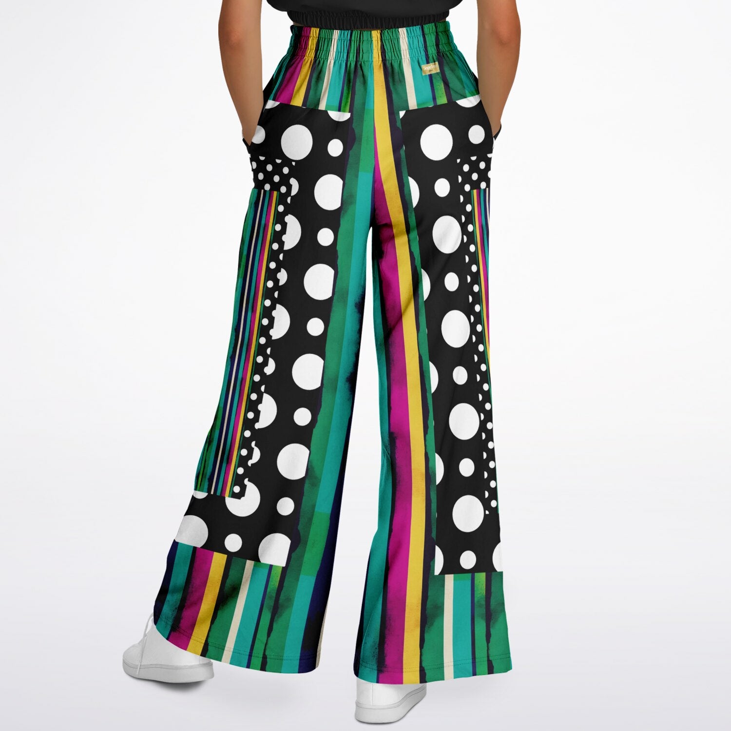 Pink in the Black Patchwork Stripe Eco-Poly Wide Leg Pants