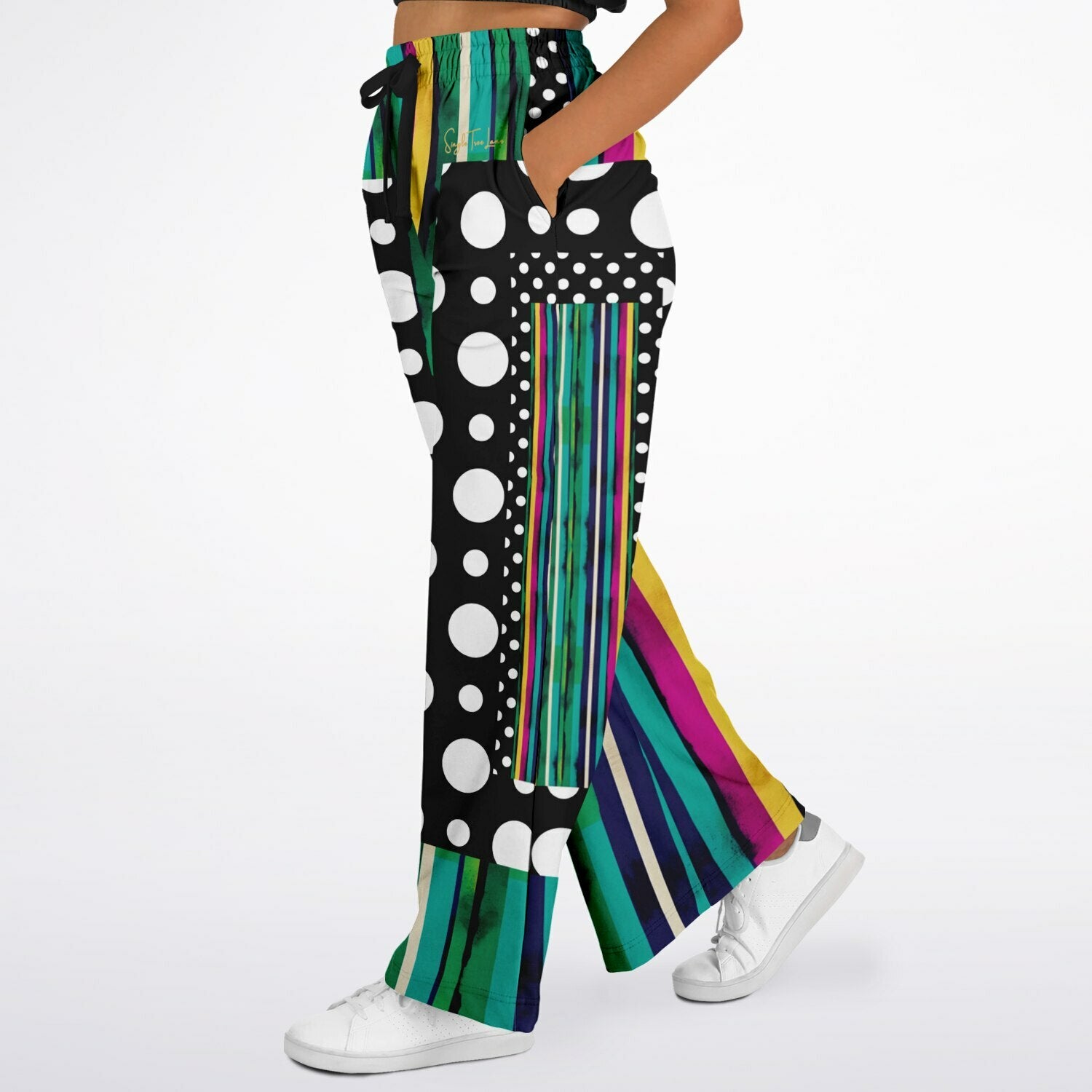 Pink in the Black Patchwork Stripe Eco-Poly Wide Leg Pants