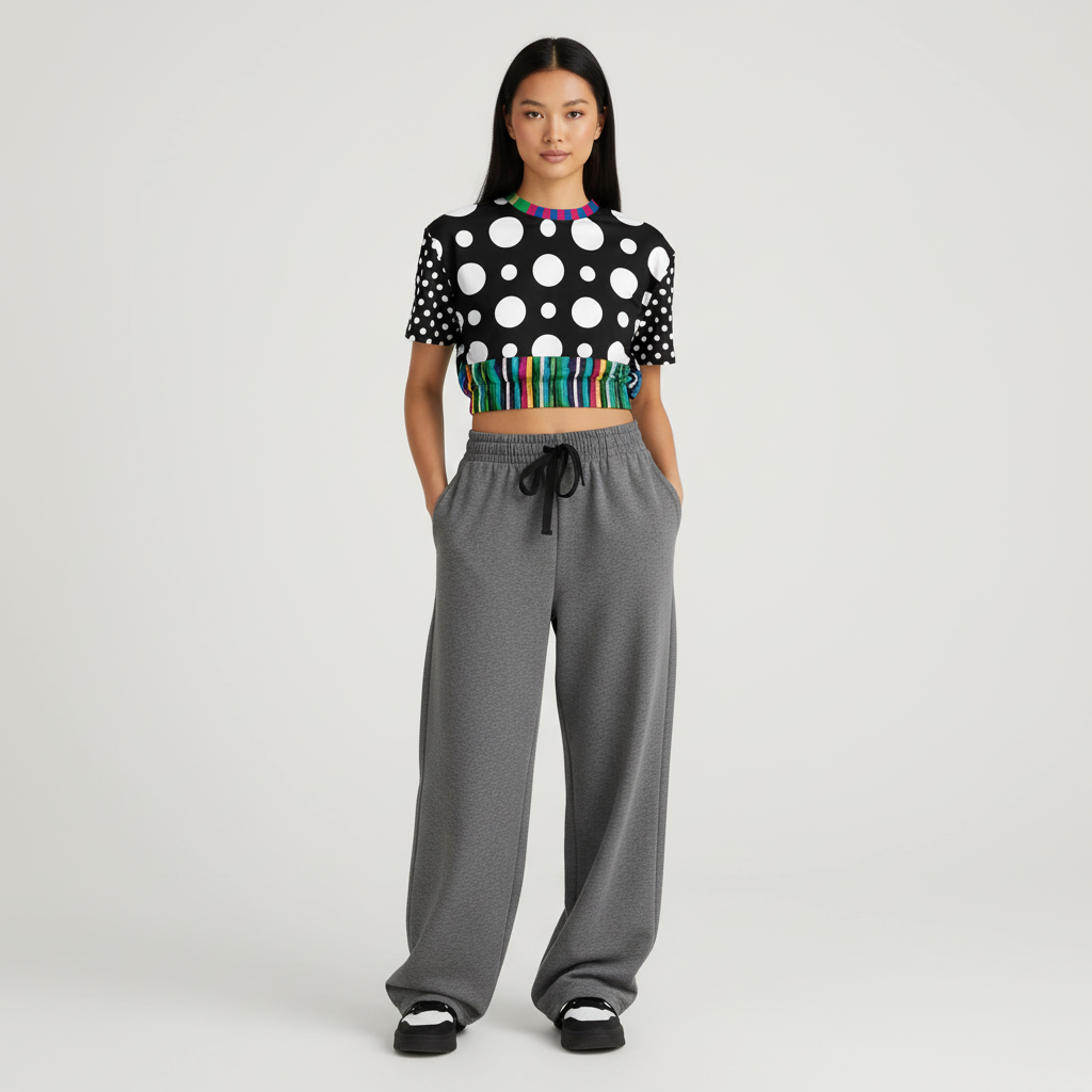 Pink in the Black Stripe and Dots Eco-Poly Short Sleeve Cropped Pullover