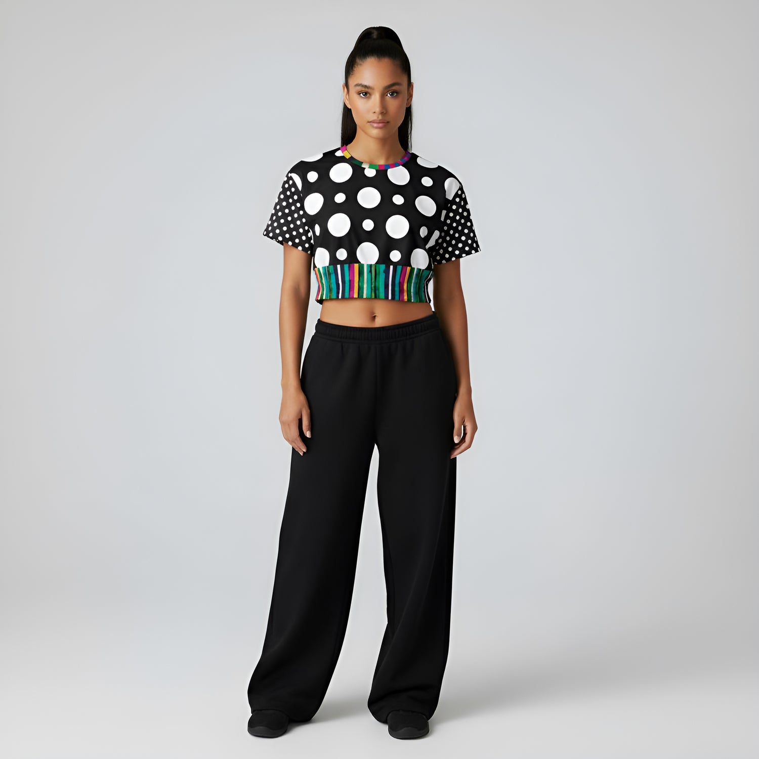 Pink in the Black Stripe and Dots Eco-Poly Short Sleeve Cropped Pullover