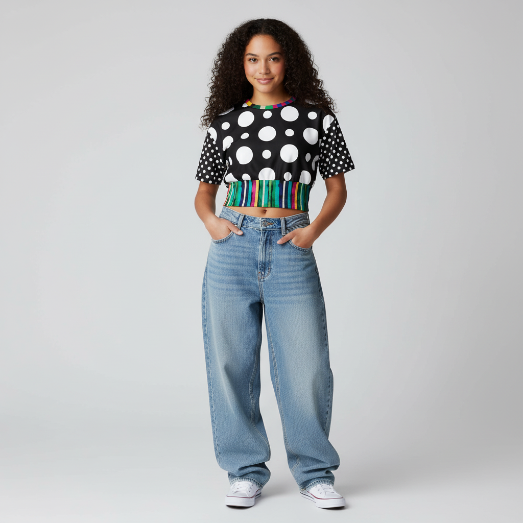 Pink in the Black Stripe and Dots Eco-Poly Short Sleeve Cropped Pullover