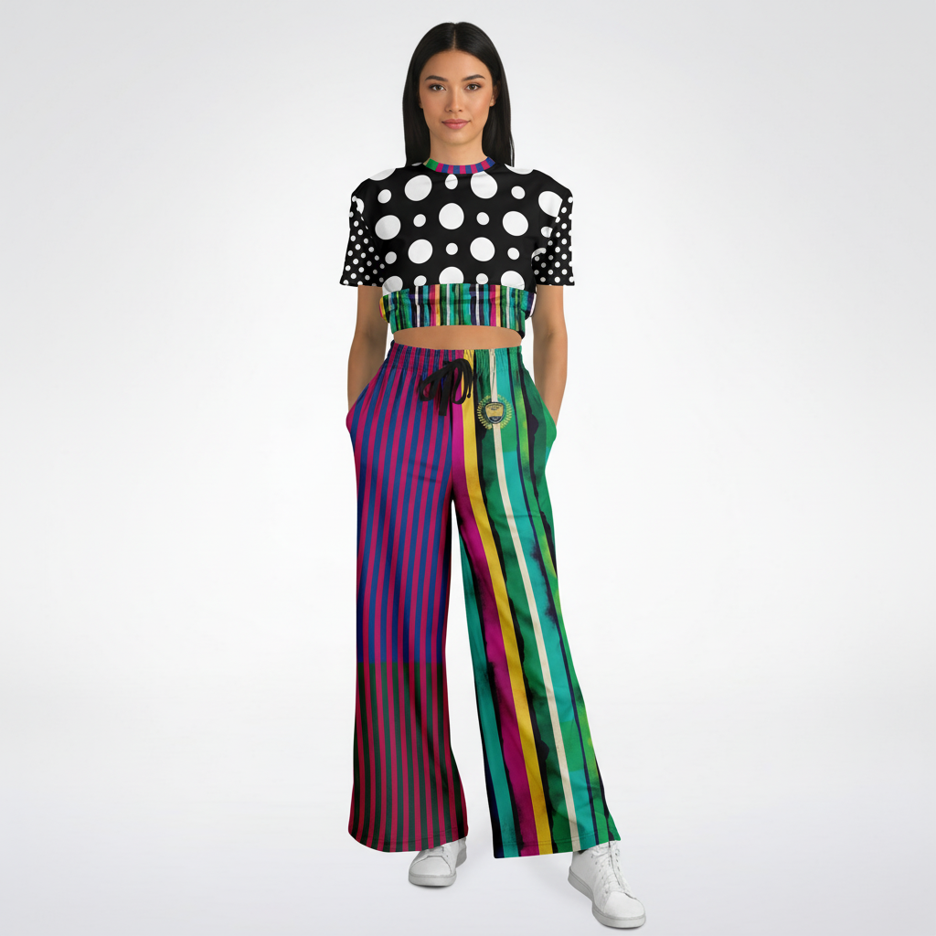 Pink in the Black Stripe and Dots Eco-Poly Short Sleeve Cropped Pullover