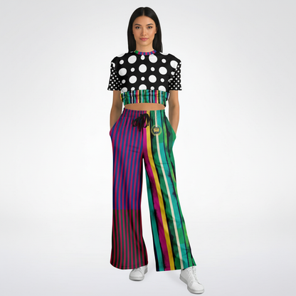 Pink in the Black Stripe and Dots Eco-Poly Short Sleeve Cropped Pullover