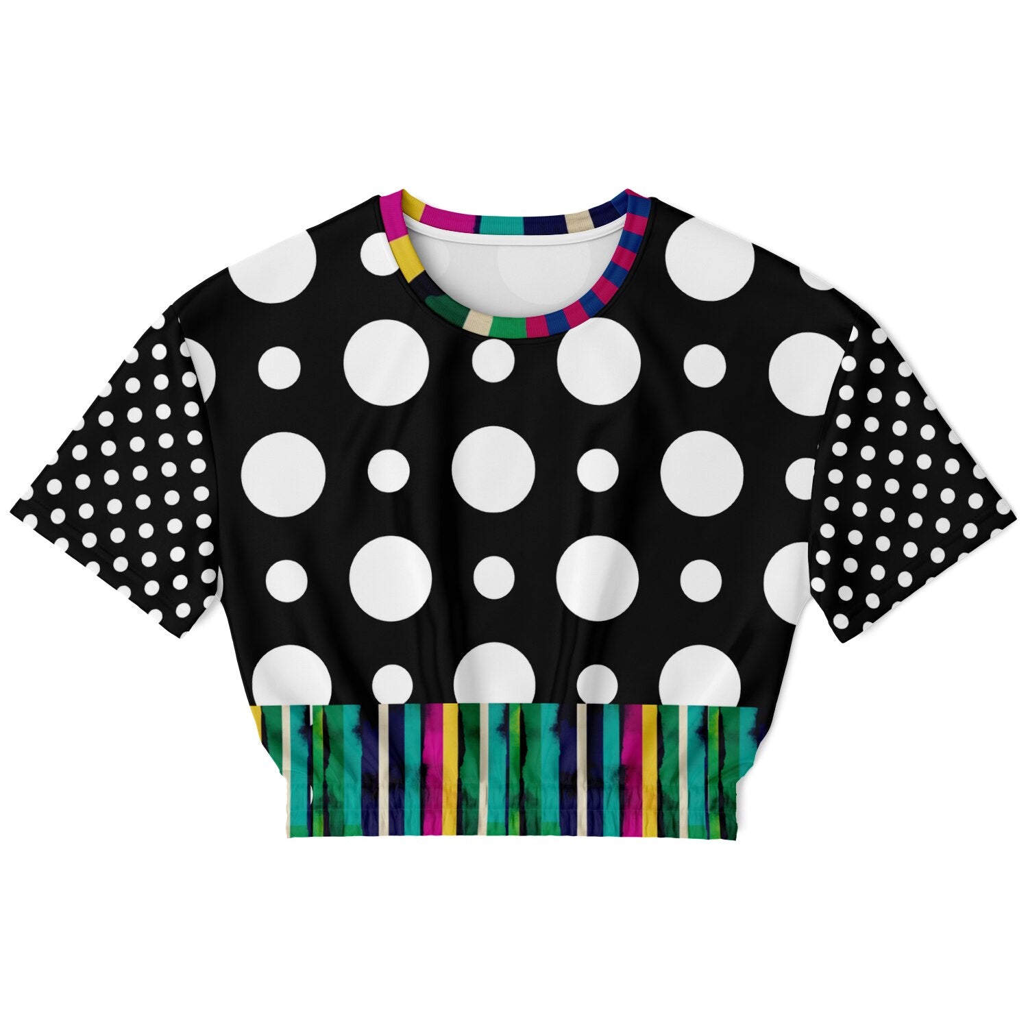 Pink in the Black Stripe and Dots Eco-Poly Short Sleeve Cropped Pullover