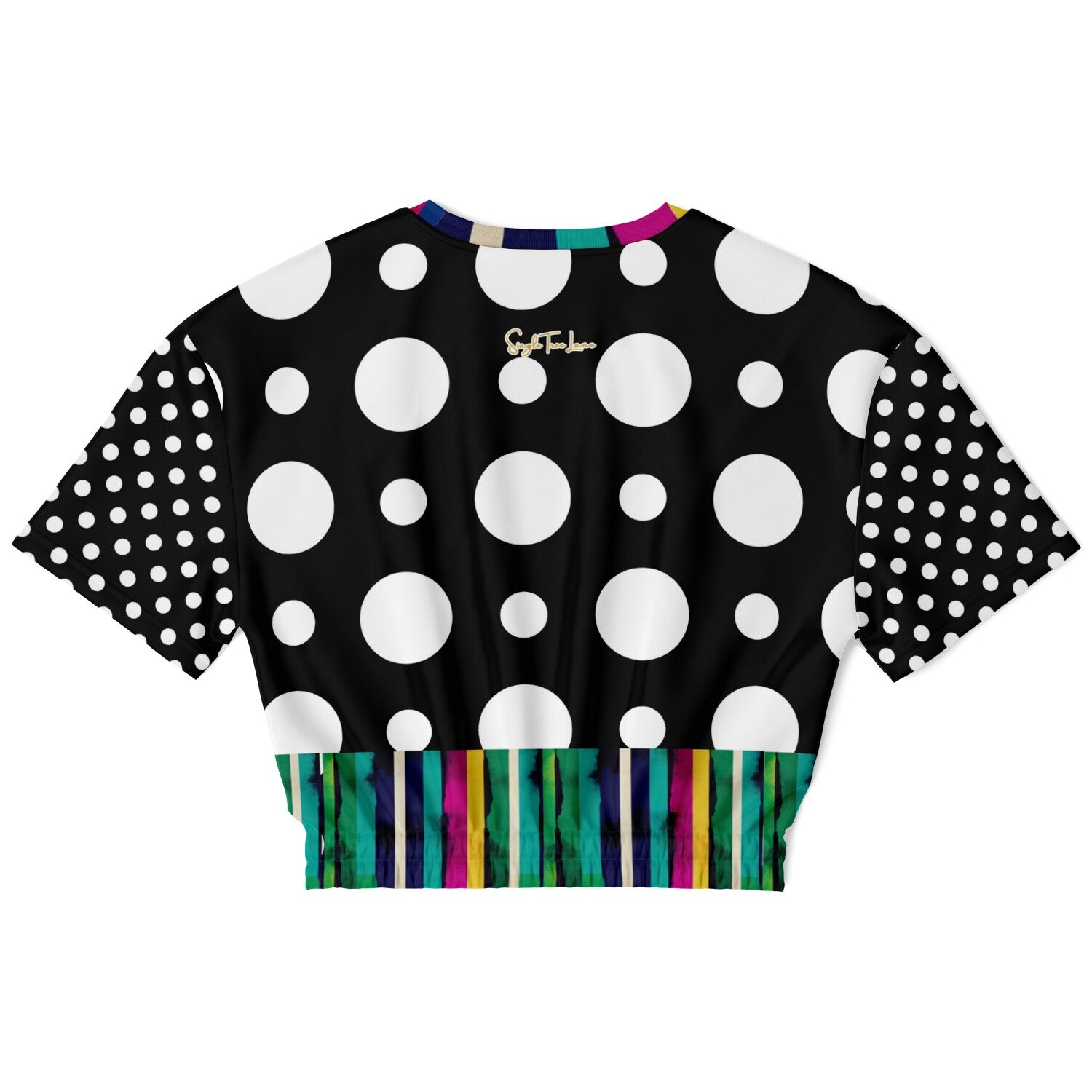Pink in the Black Stripe and Dots Eco-Poly Short Sleeve Cropped Pullover