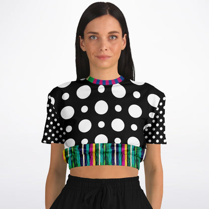 Pink in the Black Stripe and Dots Eco-Poly Short Sleeve Cropped Pullover