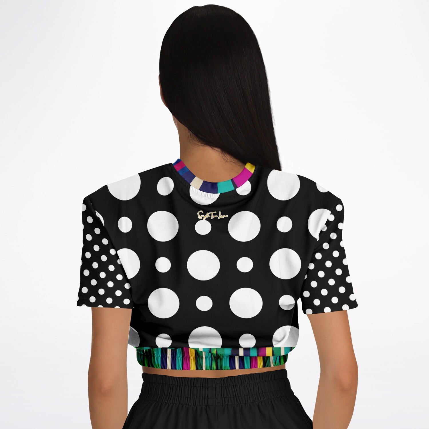 Pink in the Black Stripe and Dots Eco-Poly Short Sleeve Cropped Pullover