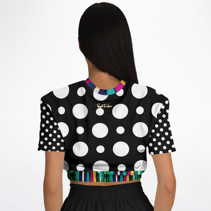 Pink in the Black Stripe and Dots Eco-Poly Short Sleeve Cropped Pullover