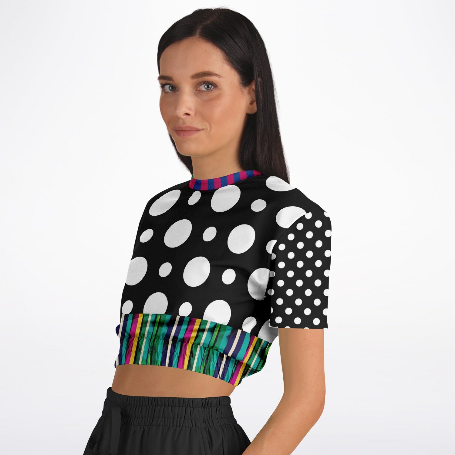 Pink in the Black Stripe and Dots Eco-Poly Short Sleeve Cropped Pullover