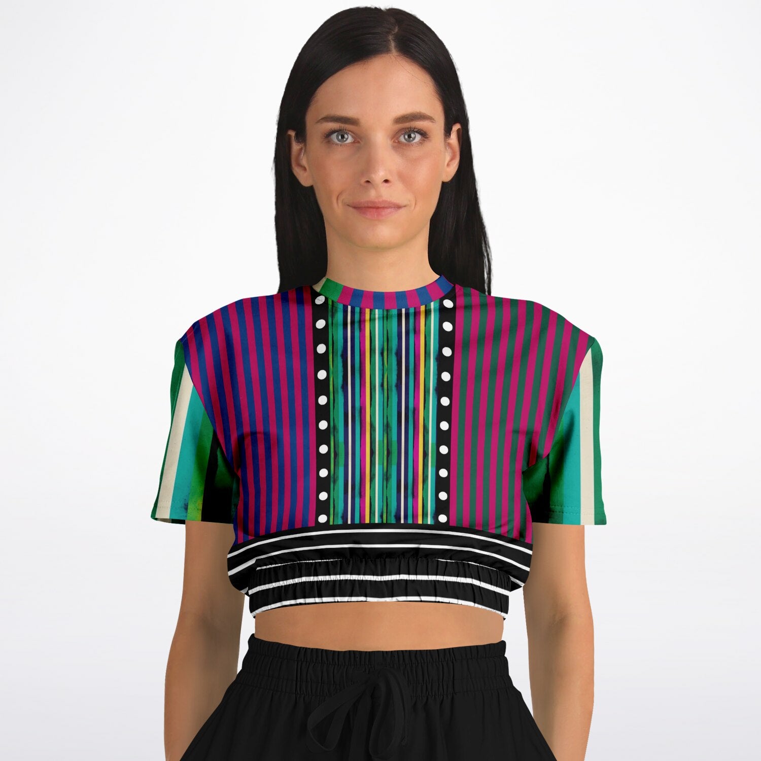 Pink in the Black Stripe Eco-Poly Short Sleeve Cropped Pullover