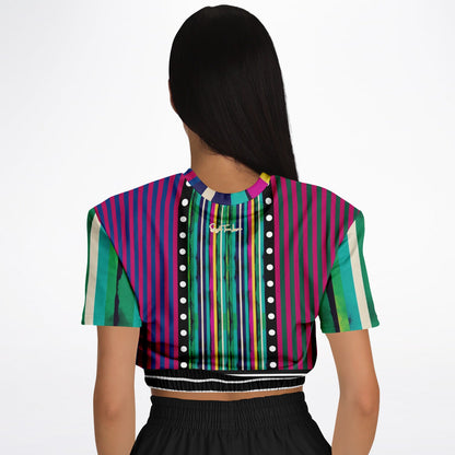 Pink in the Black Stripe Eco-Poly Short Sleeve Cropped Pullover