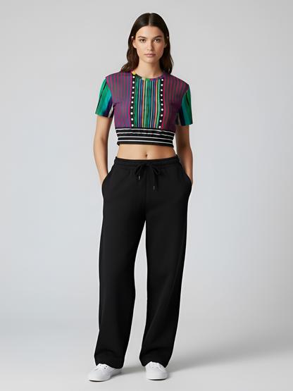 Pink in the Black Stripe Eco-Poly Short Sleeve Cropped Pullover