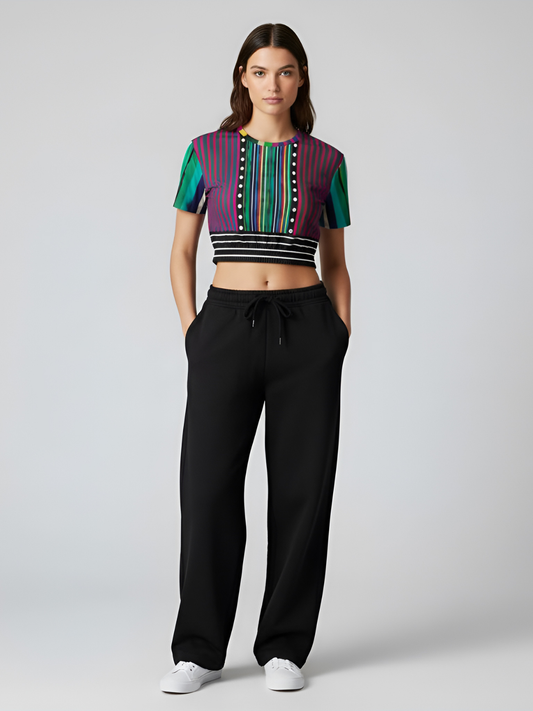 Pink in the Black Stripe Eco-Poly Short Sleeve Cropped Pullover