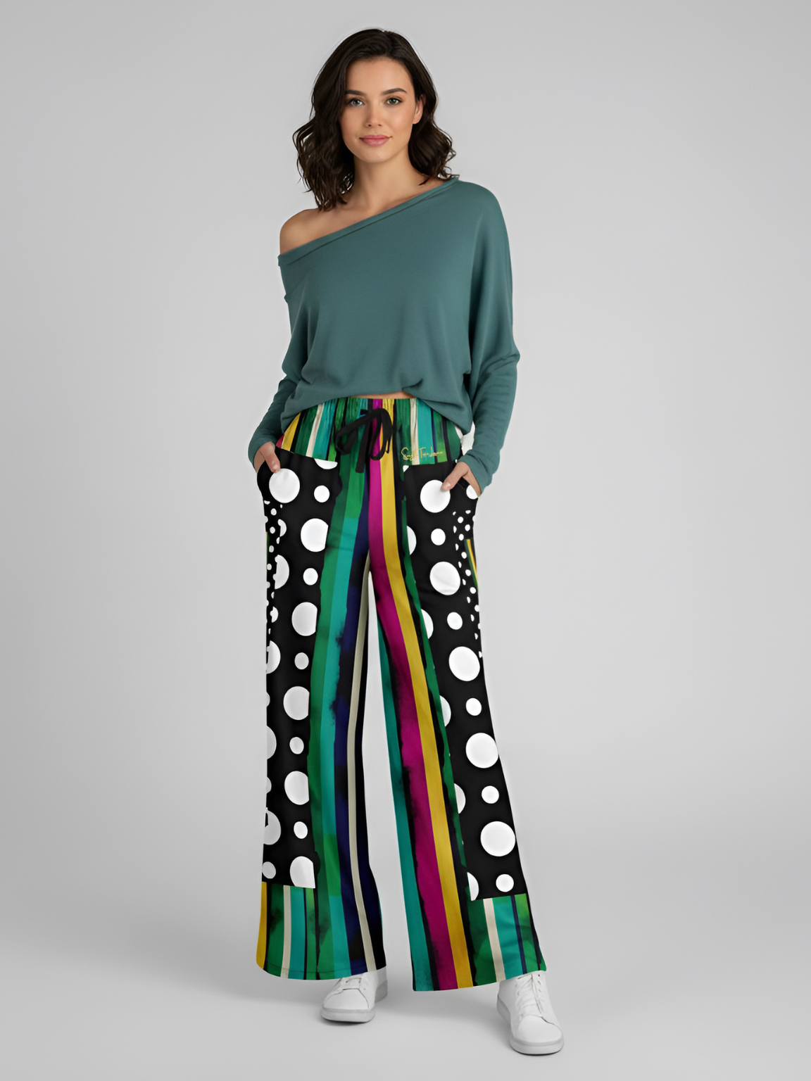 Pink in the Black Patchwork Stripe Eco-Poly Wide Leg Pants