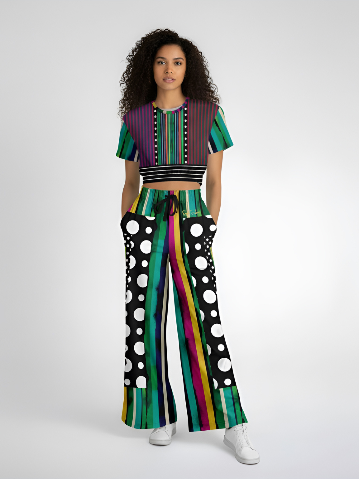 Pink in the Black Patchwork Stripe Eco-Poly Wide Leg Pants