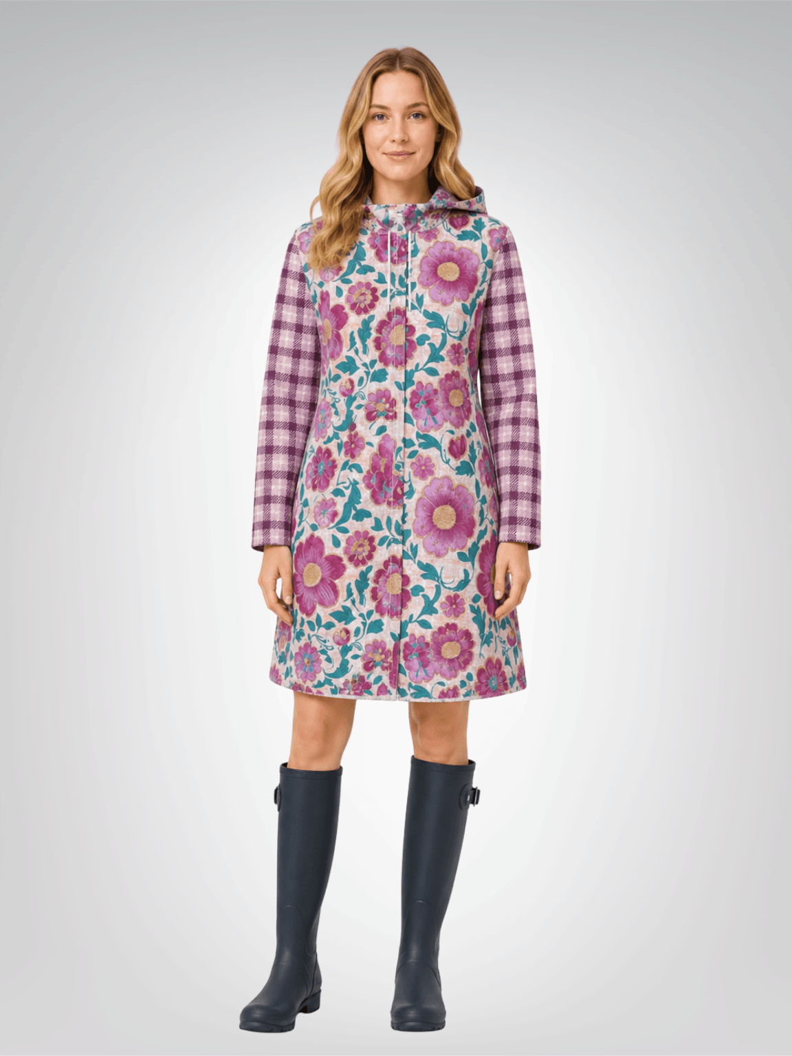 Pink Maharani Floral and Plaid Womens Hooded Rain Jacket