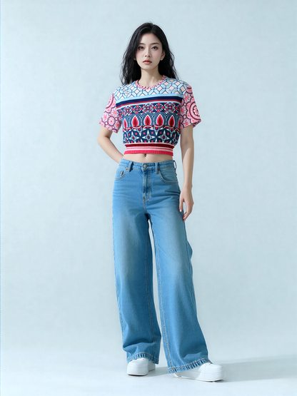 Pink Montauk Geo Denim Patchwork Eco-Poly Cropped Short Sleeve Pullover