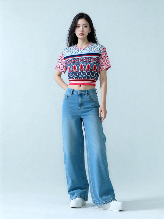 Pink Montauk Geo Denim Patchwork Eco-Poly Cropped Short Sleeve Pullover