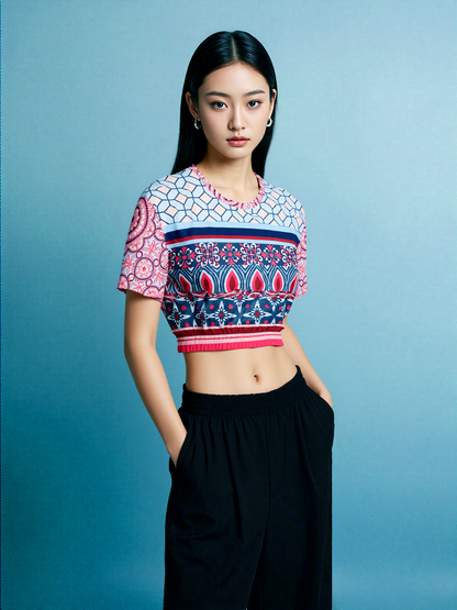 Pink Montauk Geo Denim Patchwork Eco-Poly Cropped Short Sleeve Pullover