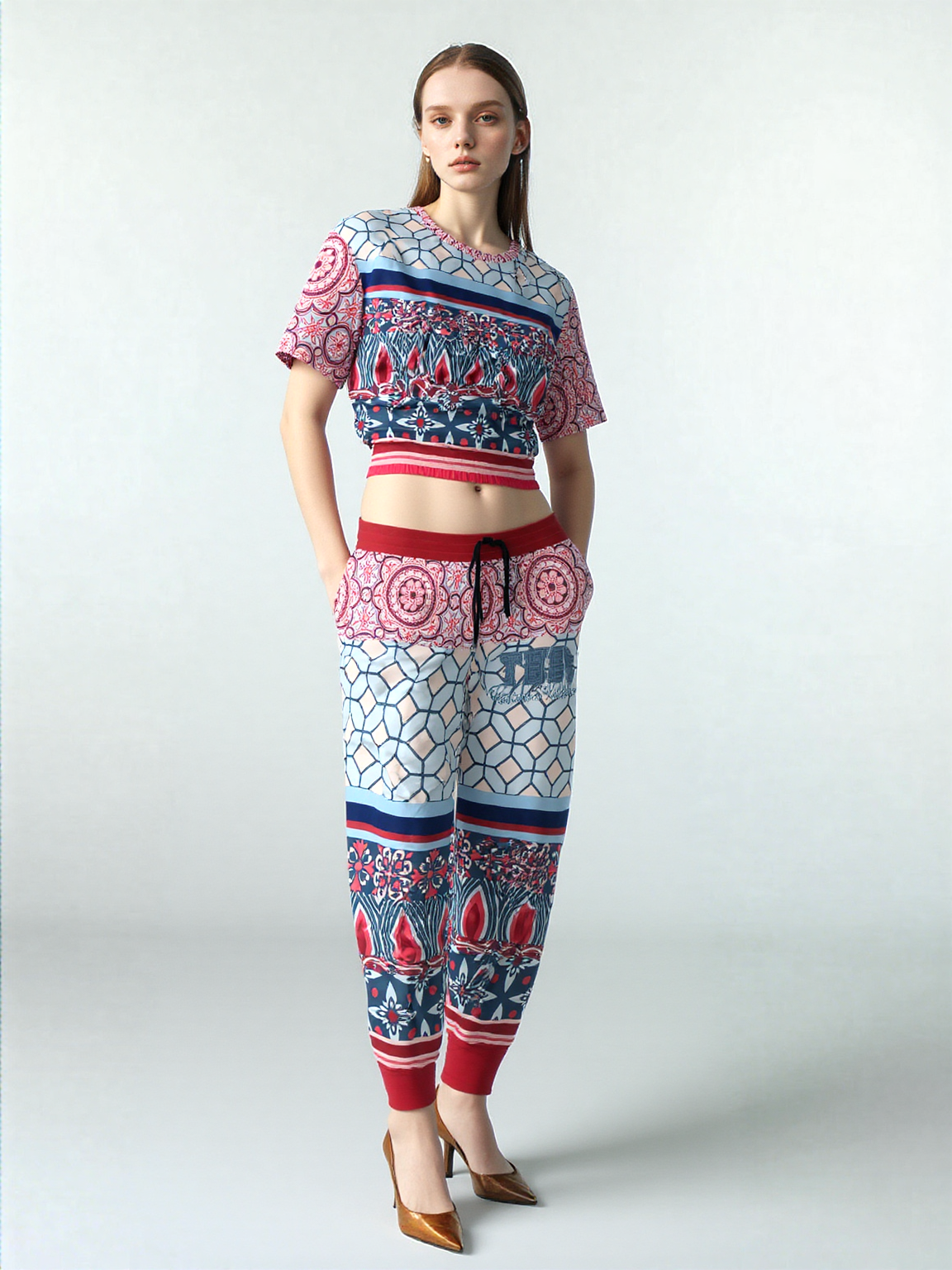 Pink Montauk Geo Denim Patchwork Eco-Poly Cropped Short Sleeve Pullover