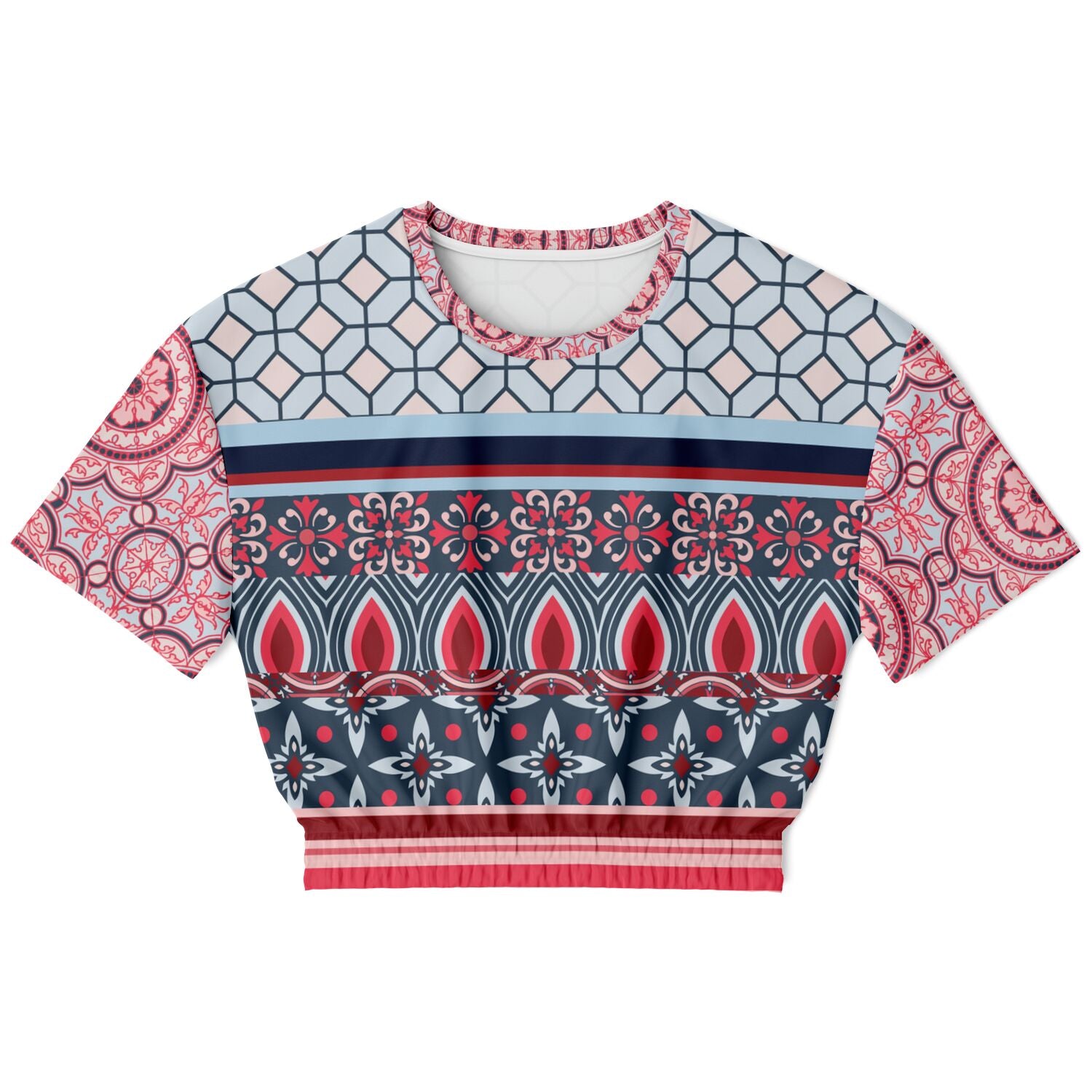 Pink Montauk Geo Denim Patchwork Eco-Poly Cropped Short Sleeve Pullover