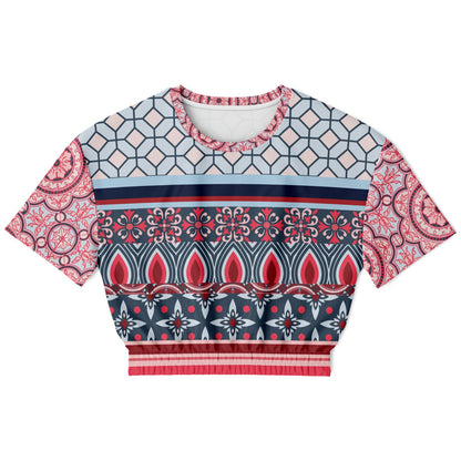 Pink Montauk Geo Denim Patchwork Eco-Poly Cropped Short Sleeve Pullover