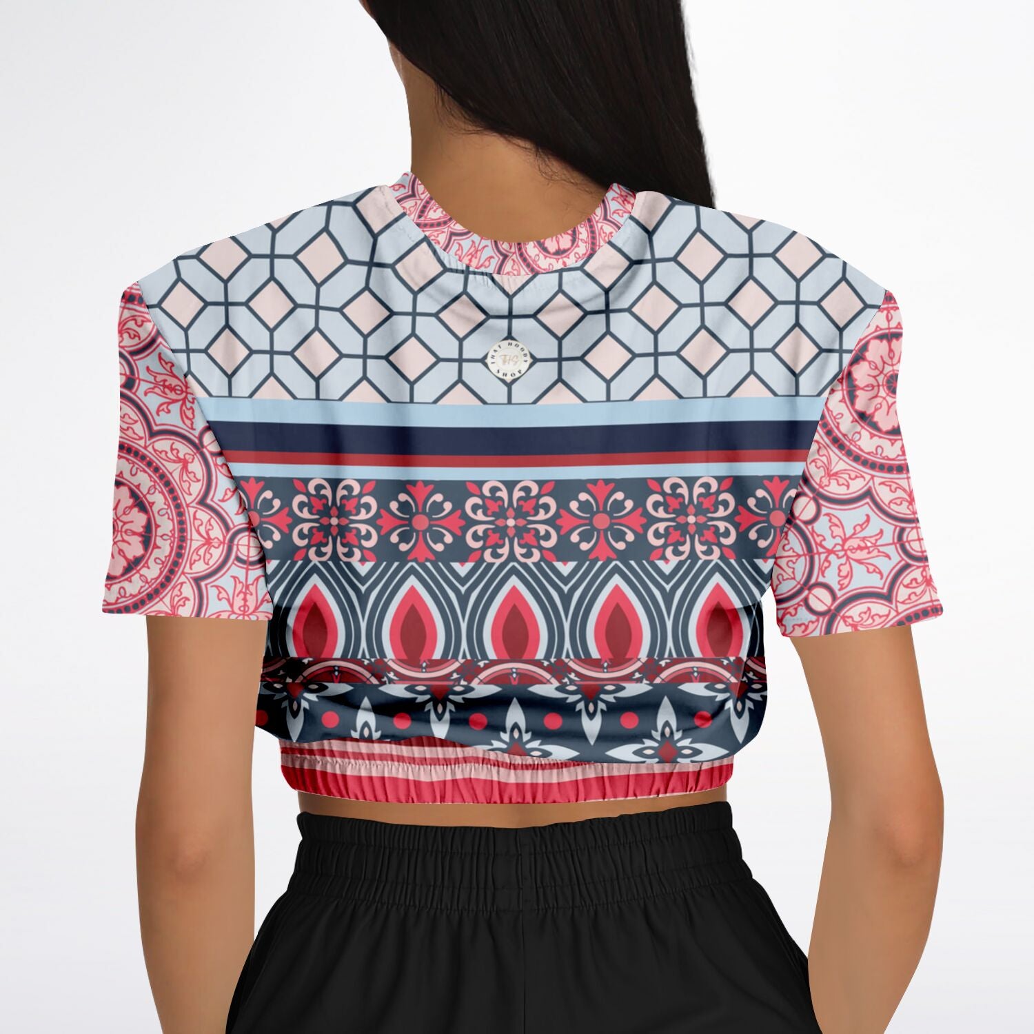 Pink Montauk Geo Denim Patchwork Eco-Poly Cropped Short Sleeve Pullover