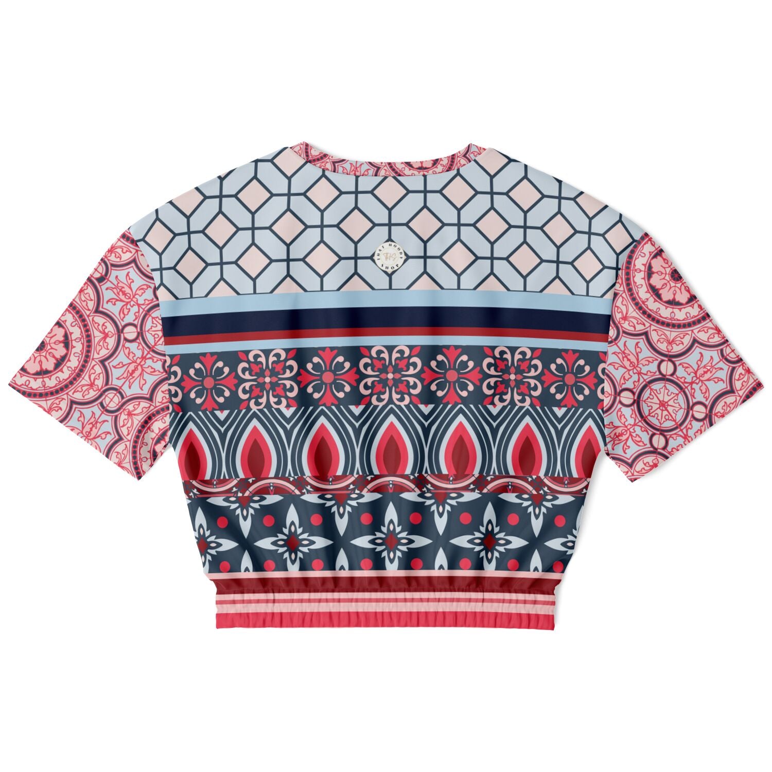 Pink Montauk Geo Denim Patchwork Eco-Poly Cropped Short Sleeve Pullover