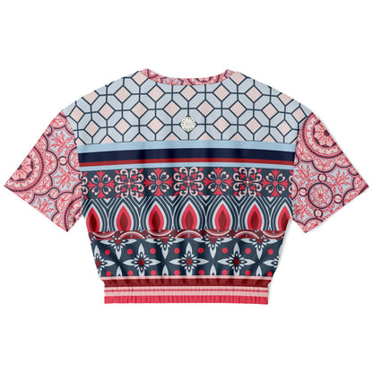 Pink Montauk Geo Denim Patchwork Eco-Poly Cropped Short Sleeve Pullover