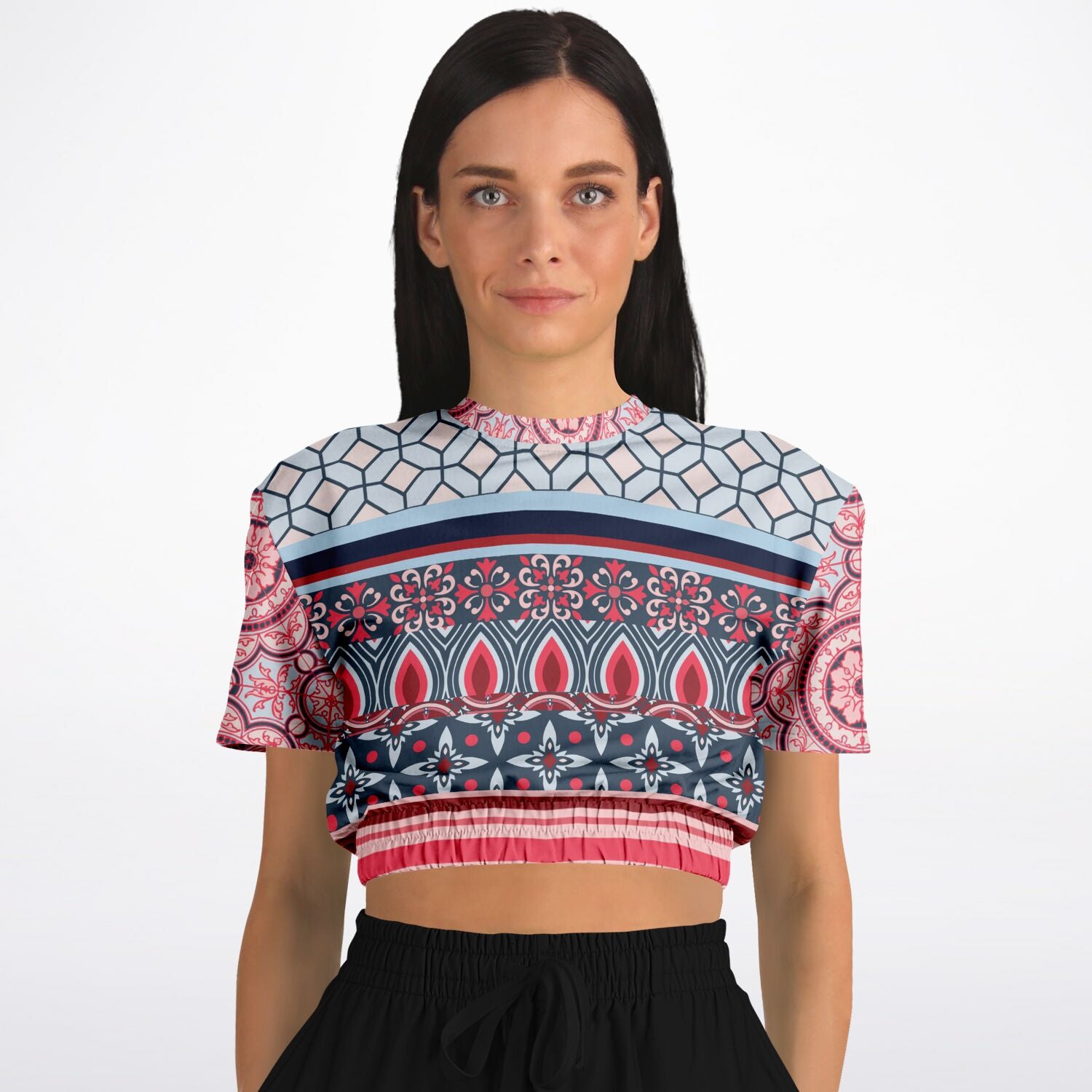 Pink Montauk Geo Denim Patchwork Eco-Poly Cropped Short Sleeve Pullover