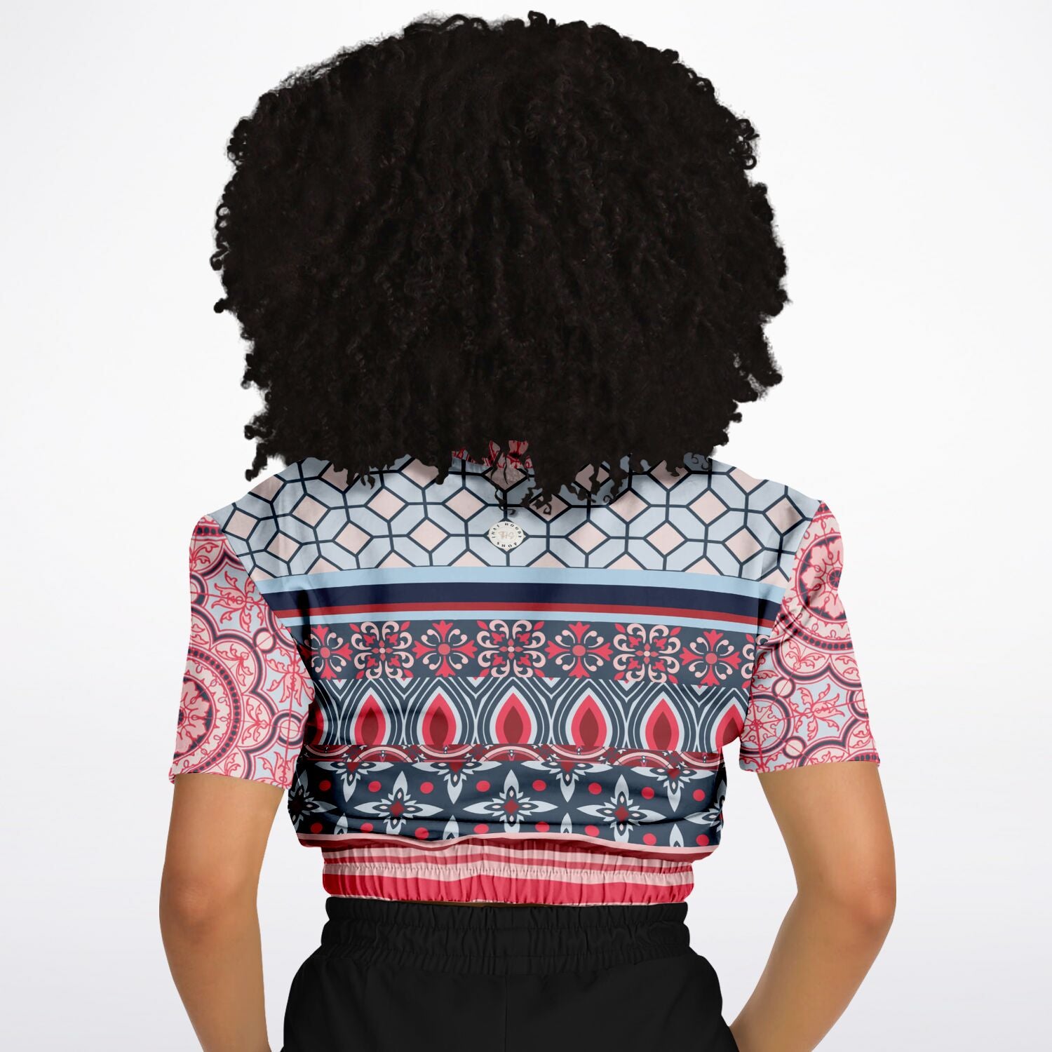 Pink Montauk Geo Denim Patchwork Eco-Poly Cropped Short Sleeve Pullover