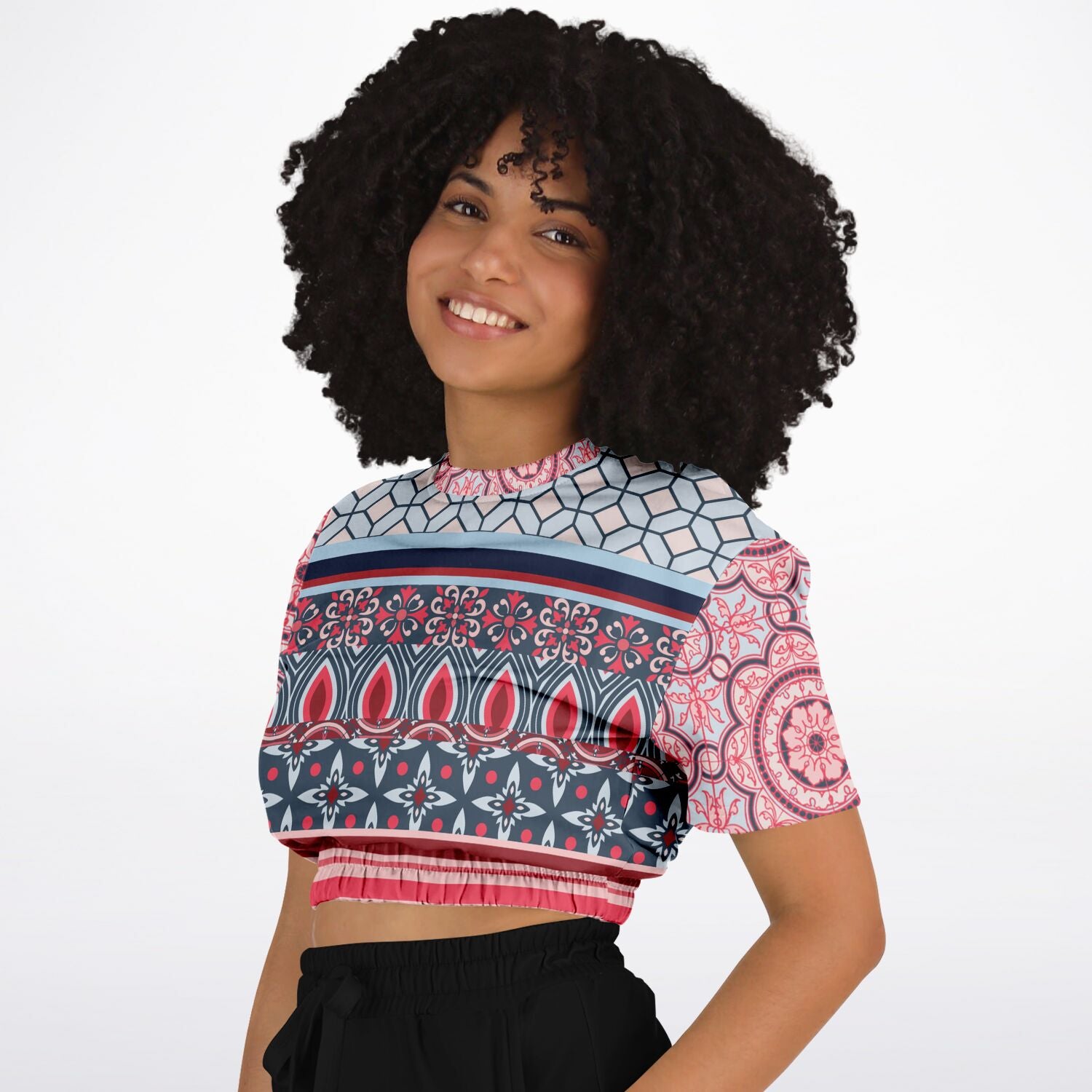 Pink Montauk Geo Denim Patchwork Eco-Poly Cropped Short Sleeve Pullover