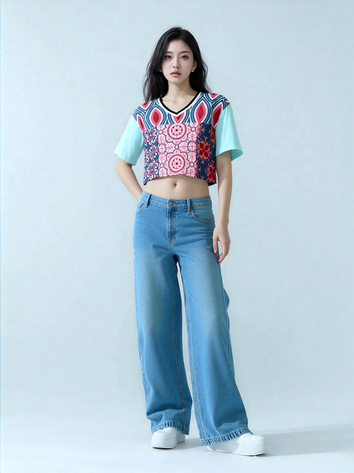 Pink Montauk Geo Patchwork Eco-Poly V-Neck Crop Jersey