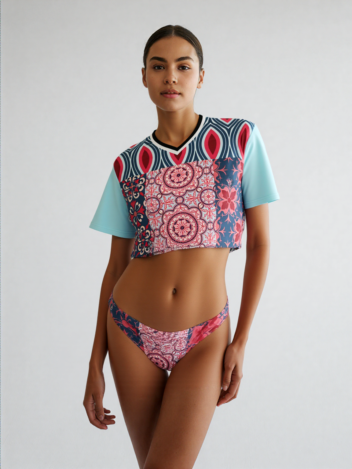 Pink Montauk Geo Patchwork Eco-Poly V-Neck Crop Jersey