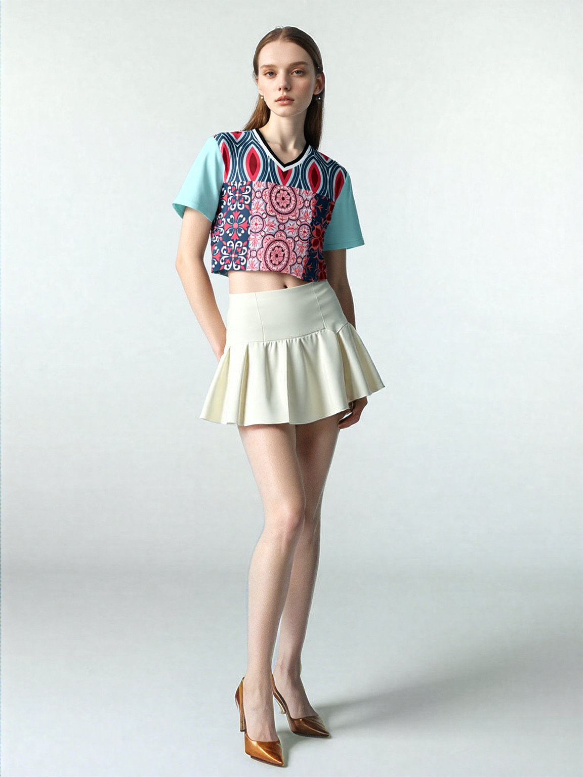 Pink Montauk Geo Patchwork Eco-Poly V-Neck Crop Jersey