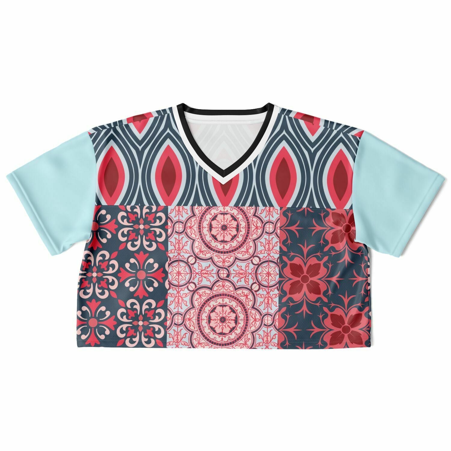 Pink Montauk Geo Patchwork Eco-Poly V-Neck Crop Jersey