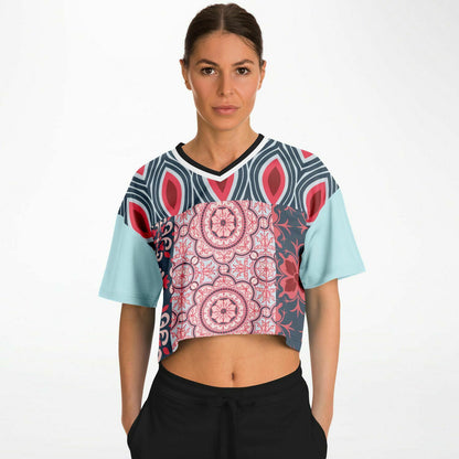 Pink Montauk Geo Patchwork Eco-Poly V-Neck Crop Jersey