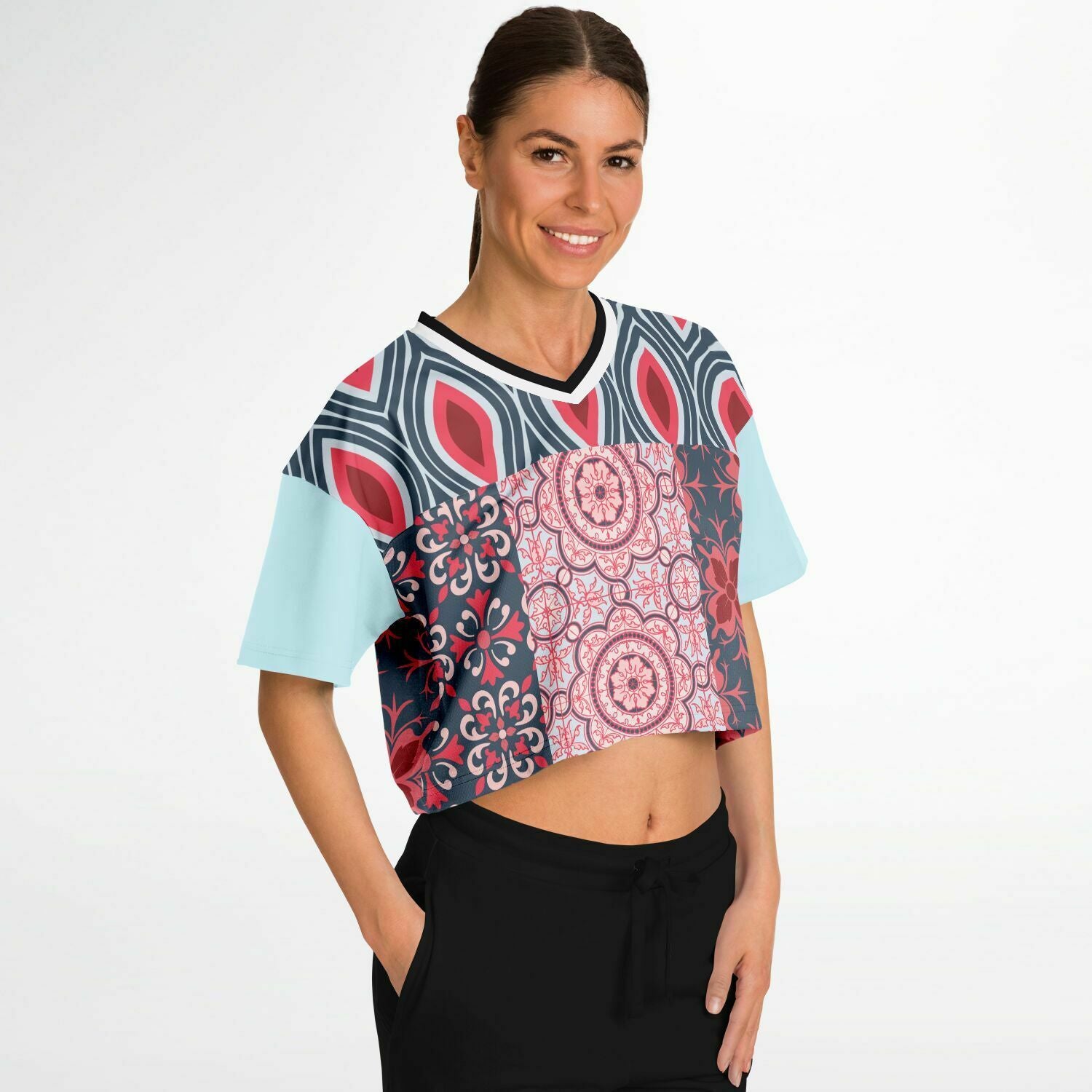 Pink Montauk Geo Patchwork Eco-Poly V-Neck Crop Jersey