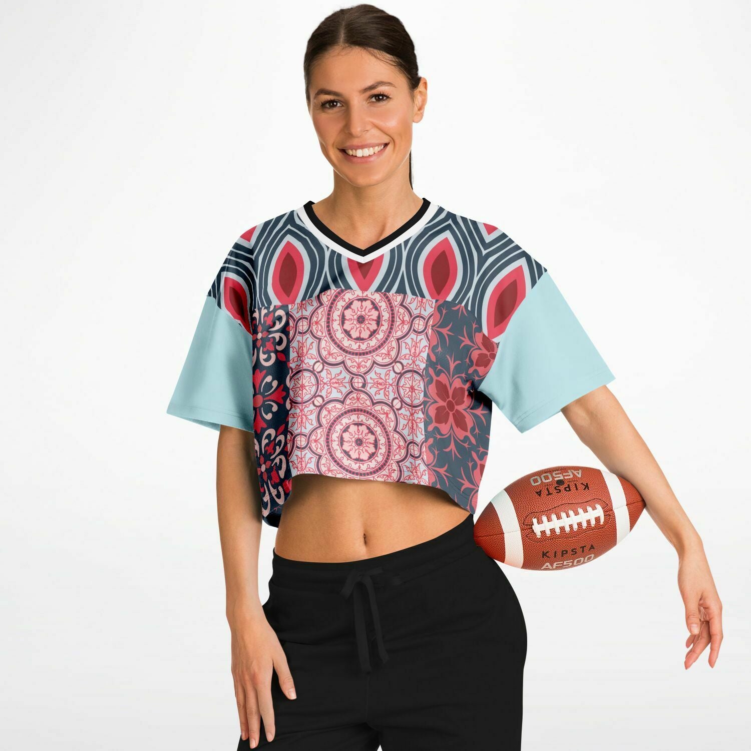 Pink Montauk Geo Patchwork Eco-Poly V-Neck Crop Jersey