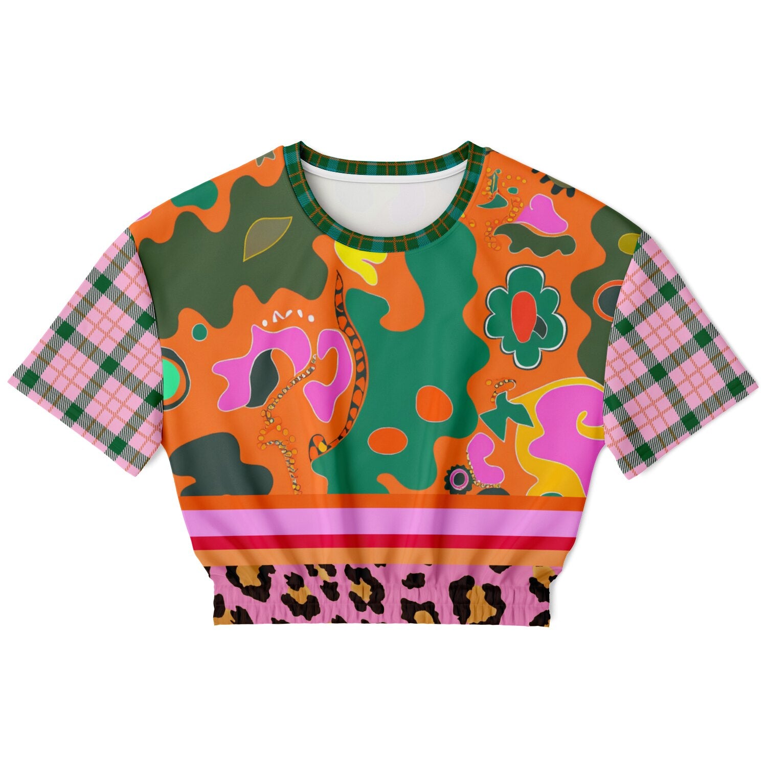 Pink Passion Haberdashery Abstract Plaid Floral Eco-Poly Short Sleeve Cropped Pullover