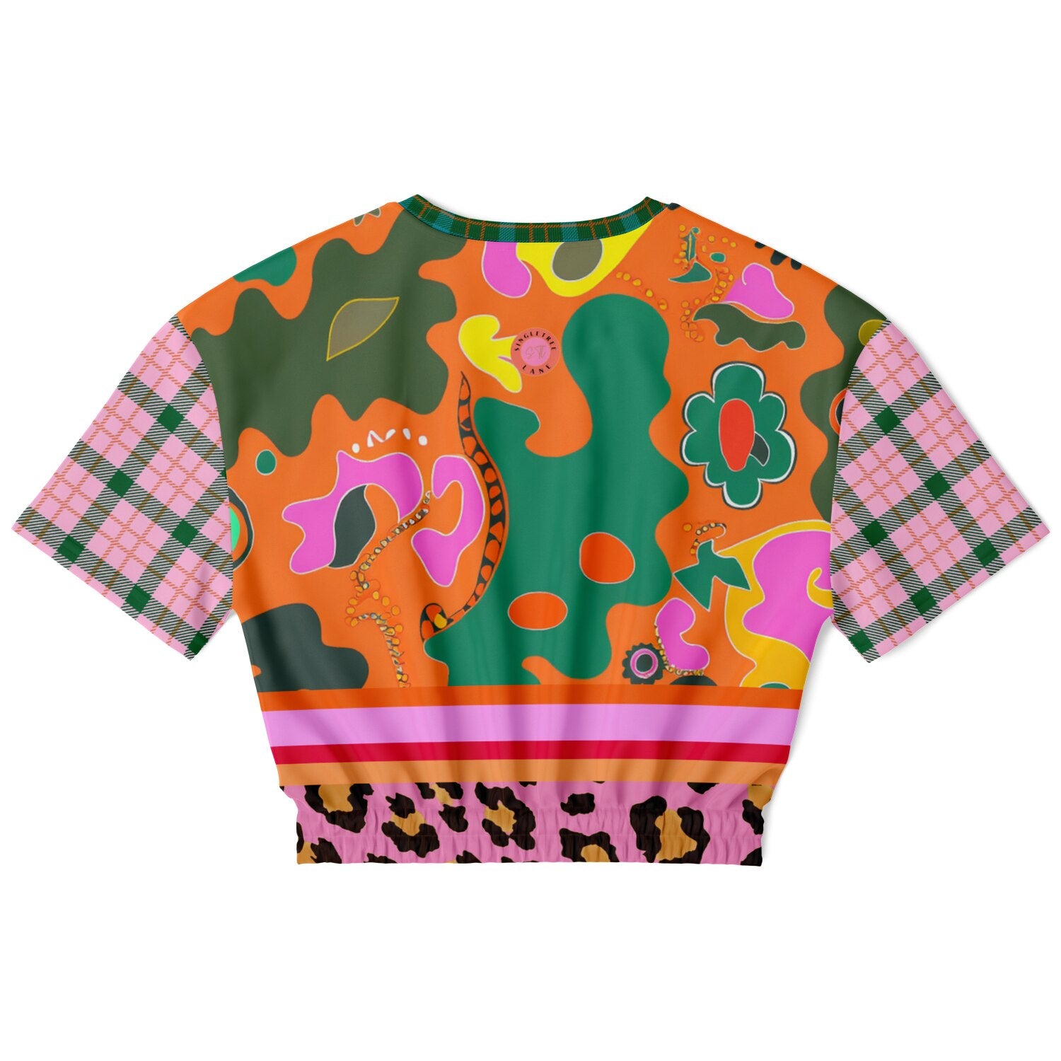 Pink Passion Haberdashery Abstract Plaid Floral Eco-Poly Short Sleeve Cropped Pullover