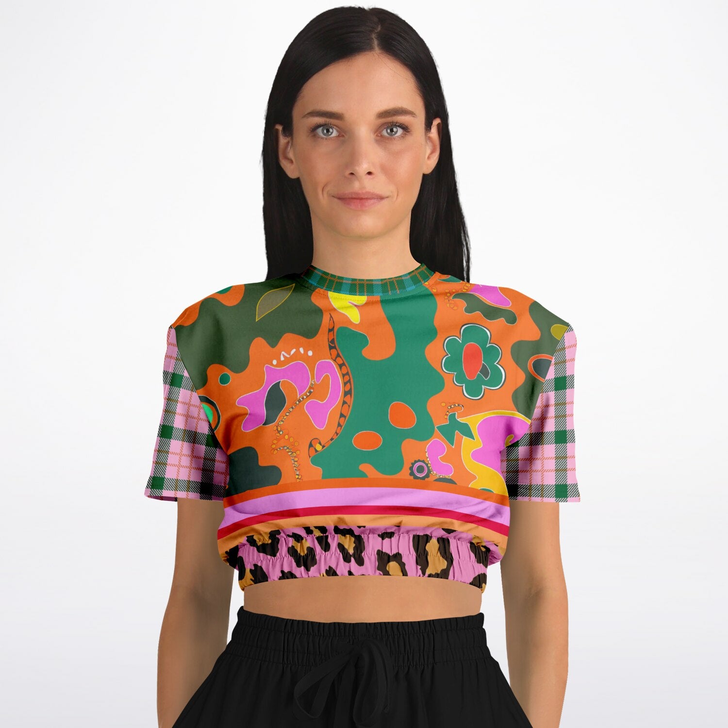 Pink Passion Haberdashery Abstract Plaid Floral Eco-Poly Short Sleeve Cropped Pullover