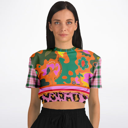 Pink Passion Haberdashery Abstract Plaid Floral Eco-Poly Short Sleeve Cropped Pullover