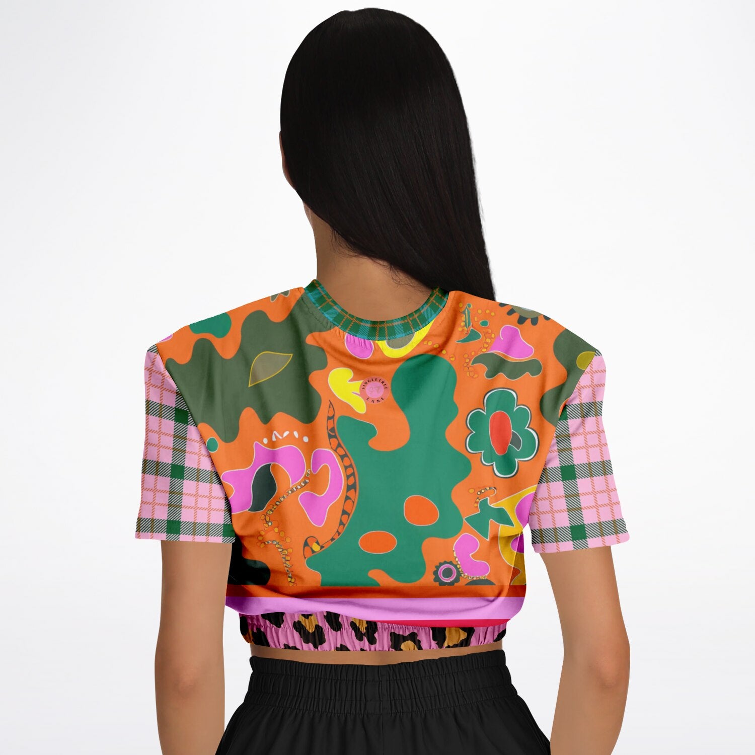 Pink Passion Haberdashery Abstract Plaid Floral Eco-Poly Short Sleeve Cropped Pullover