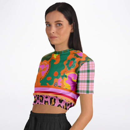 Pink Passion Haberdashery Abstract Plaid Floral Eco-Poly Short Sleeve Cropped Pullover