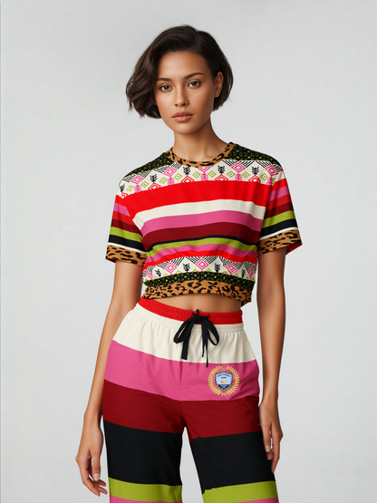 Pink Posie Abstract Geo Stripe Eco-Poly Cropped Pullover